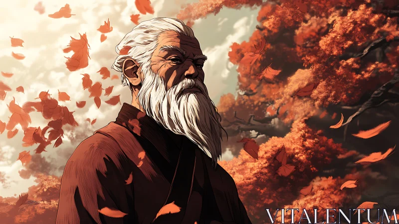 Elderly sage under crimson autumn canopy in dynamic leaf storm