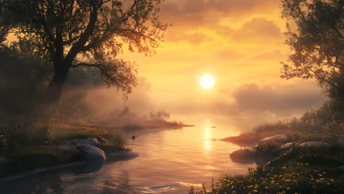 Golden river sunrise through misty woodland valley.