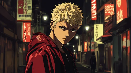 Blond anime antihero in red jacket dominates neon alleyway