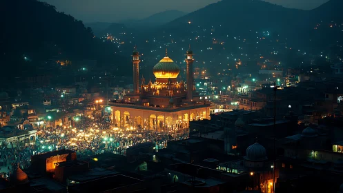 Golden domed mosque glows over dense hillside city at dusk