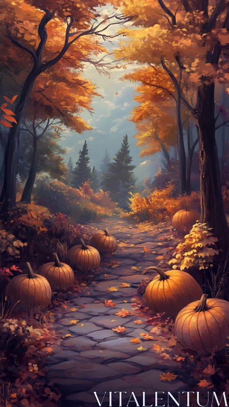 Autumn forest path lined with pumpkins and golden trees.