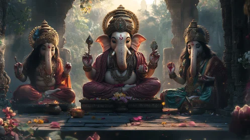 Gentle Ganesha trio glows in a peaceful temple sanctuary