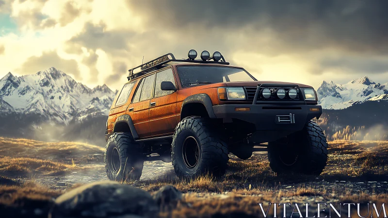 Lifted orange off road SUV in rugged snowy mountain valley.