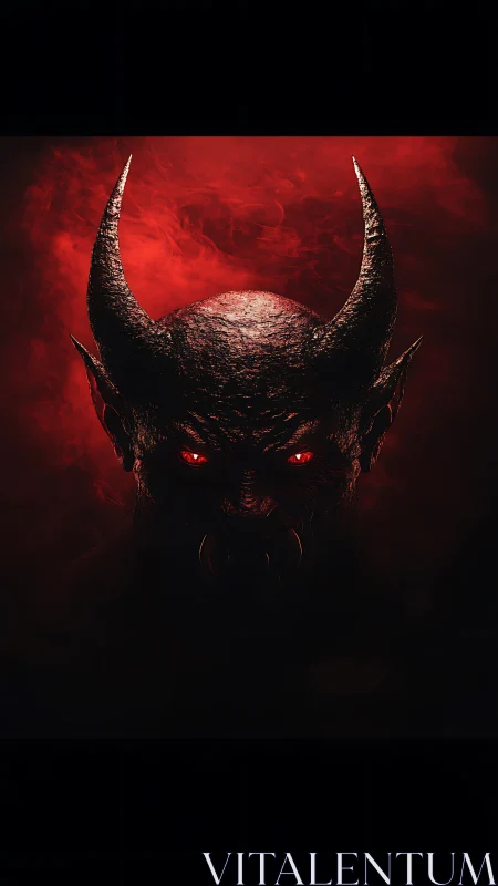 Horned demon portrait in red smoke with glowing eyes.