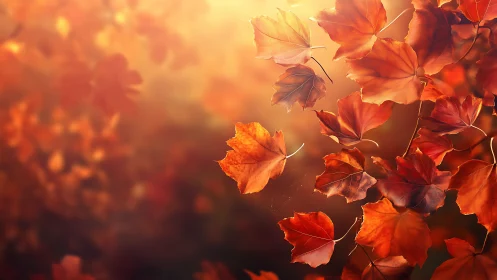 Autumn maple leaves drift through warm backlit golden haze