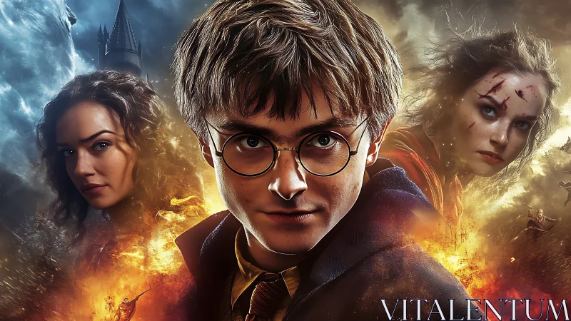 Young wizard stands brave amid stormy, firelit magic.