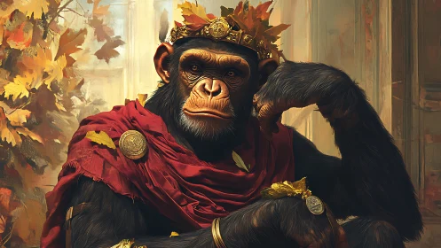 Imperial chimpanzee broods in gilded autumn regalia.