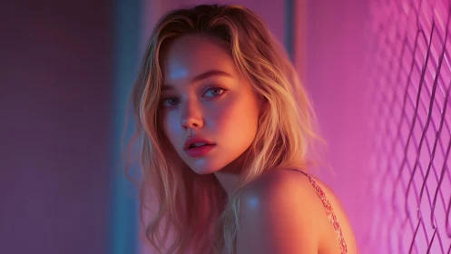 Neon side-lit portrait renders soft skin tones in shallow focus