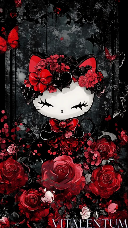 Adorable Feline Character Blooming with Red Roses and Grace
