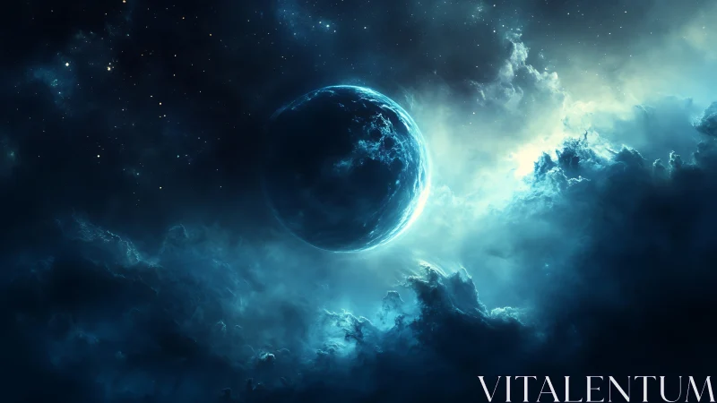Luminous blue planet emerging through stormlit cosmic clouds.
