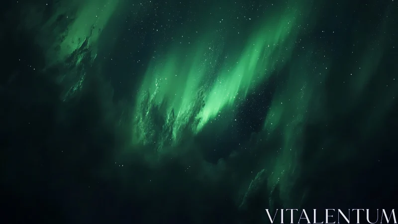 Aurora borealis curtains glow above a dark polar sky.