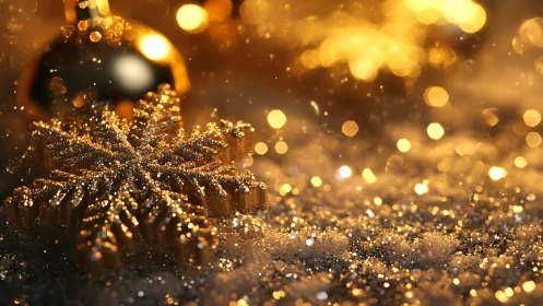 Golden glitter snowflake ornament on festive background.