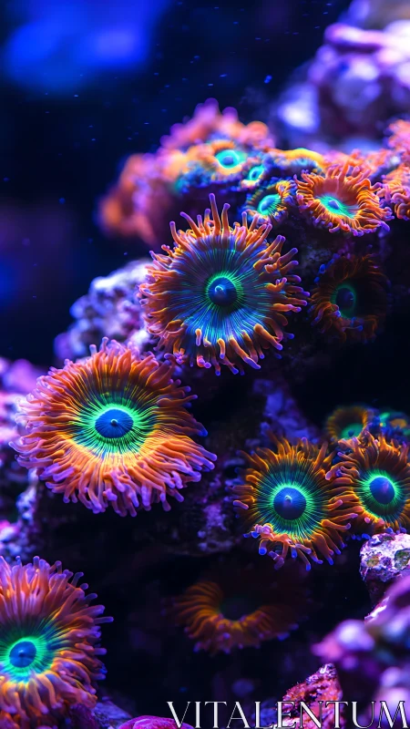 Close-up view of neon zoanthid coral polyps in aquarium reef.
