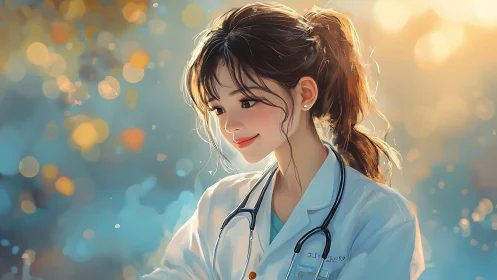 Daydreaming healer glows under soft golden hospital lights.