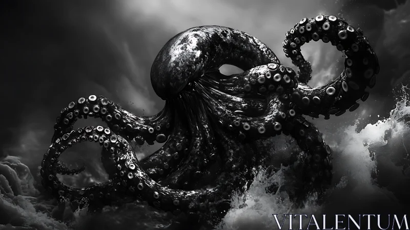 Giant octopus emerges among storm waves in monochrome seascape