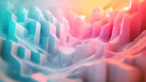 Iridescent 3D gradient landscape with liquid geometry forms.