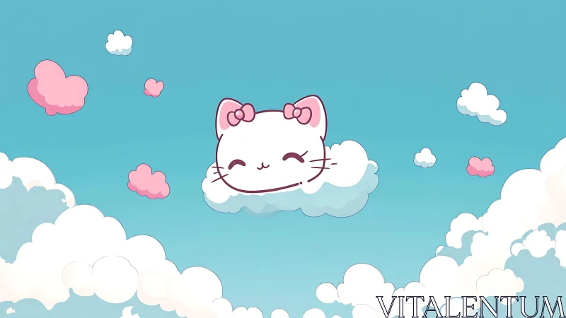 Anime cloudscape with kawaii cat motif and pastel sky framing.
