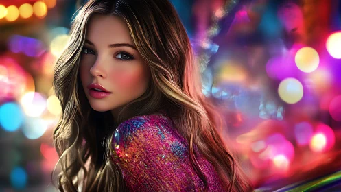 Neon-lit portrait highlights shimmering sequin jacket glow.