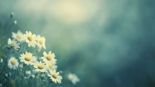 Pale yellow daisies bloom softly in hazy spring garden