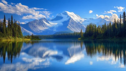 Snowcapped mountain ridge reflects across still forest lake