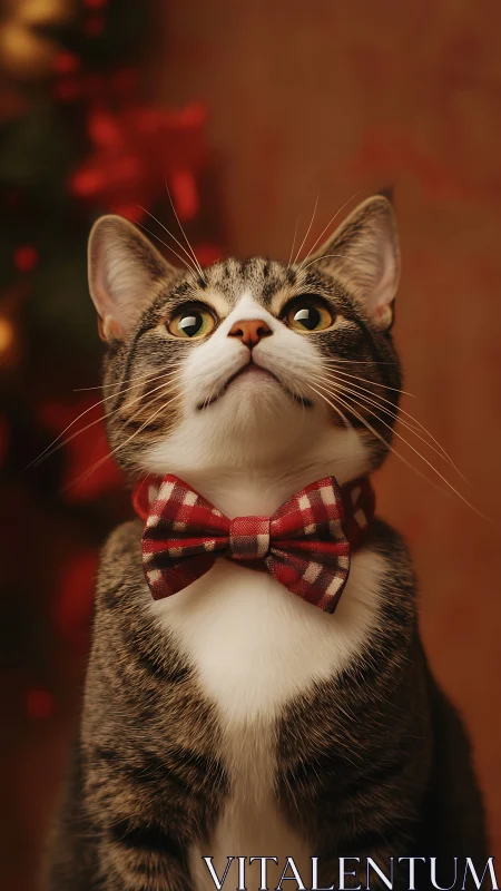 Dapper Tabby's Holiday Swagger: Red Plaid Bow Tie Moment.