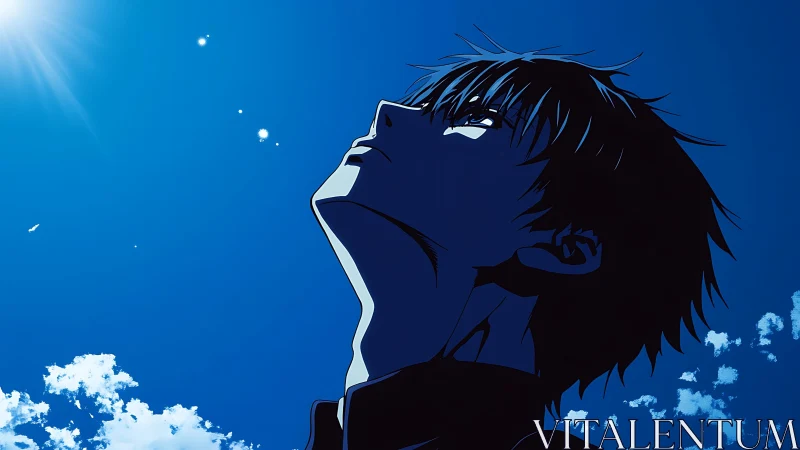 Profile view shows anime figure observing bright daytime sky