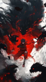 Fiery ninja channels a raging shadow beast in battle.