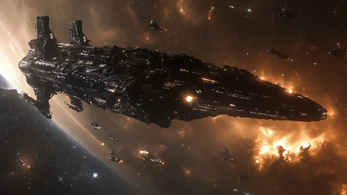 Massive star cruiser gliding through a glowing space war.