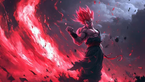 Fiery anime warrior channels red energy in stormy vortex
