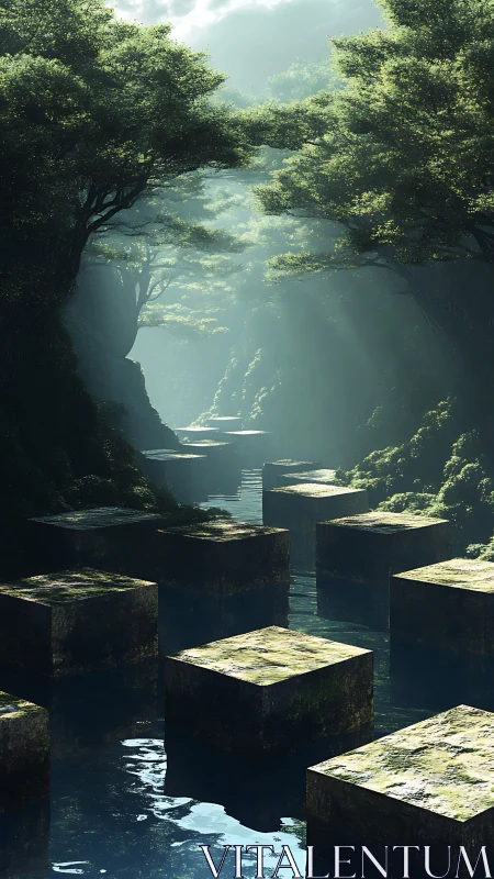 Sunlit forest river with mossy stone paths and quiet magic.