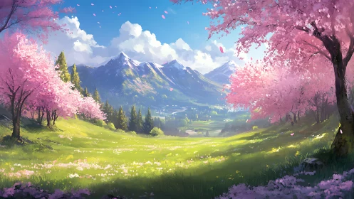 Blossoming valley opens toward distant snow-capped peaks.