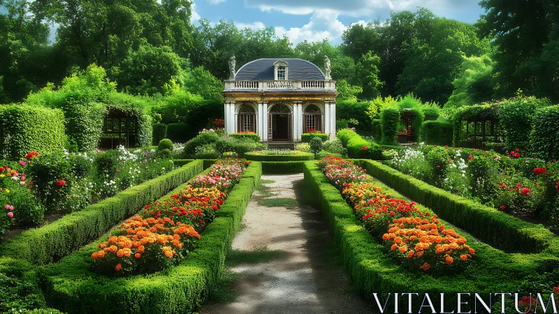 Sunlit manor pavilion embraced by a symphony of roses.