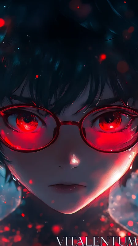 Intense red-lensed anime portrait uses dramatic rim lighting