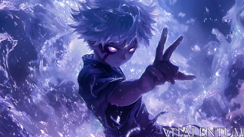 Charged anime sorcerer projects violet energy with dynamic motion