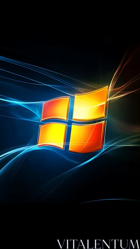 Windows-style glass logo glows amid neon light trails.