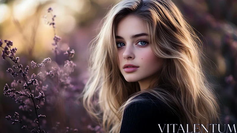 Golden hour portrait among soft violet wildflowers.