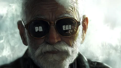 Digital painting portrait with reflective urban sunglasses framing.