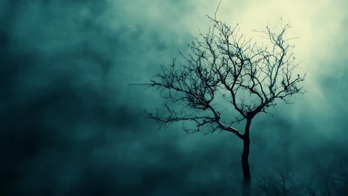 Lone Bare Tree in Mysterious Fog, Moody Nature Photography.