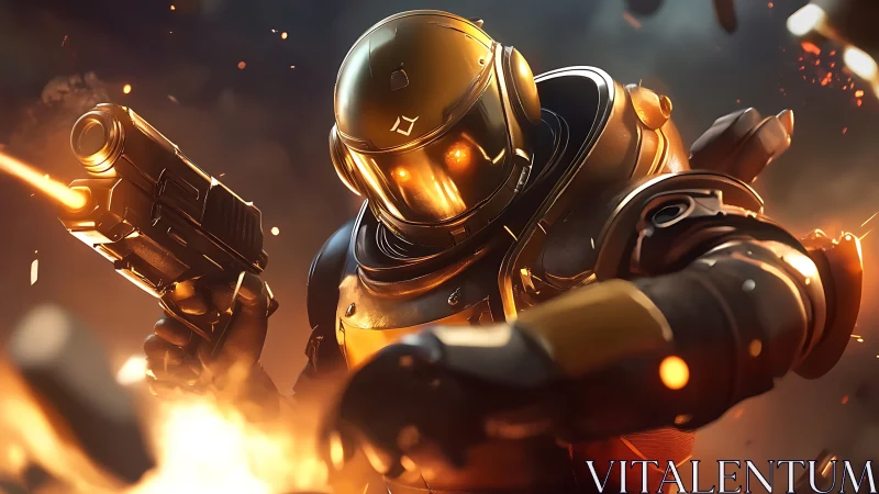 Armored sci fi soldier fires energy weapon amid explosions