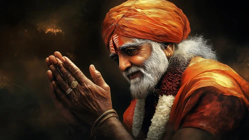 Textured digital portrait of elderly sage in folded-hands gesture.