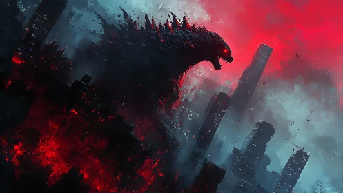 Colossal kaiju roars above a burning neon city skyline.