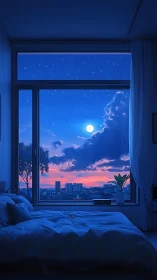 Bedroom interior frames moonlit urban skyline at dusk