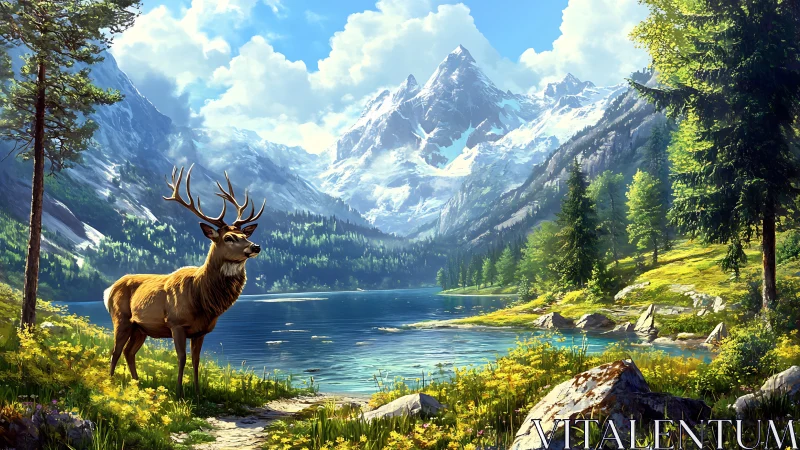 Stag in bright alpine valley beside clear mountain lake.