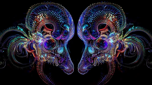 Mirrored neon ram skulls in intricate fractal symmetry.