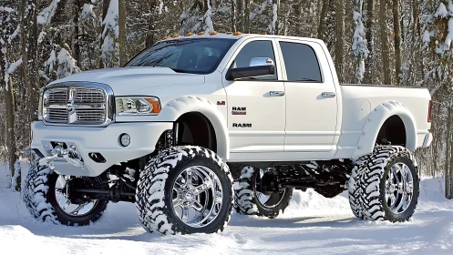 Lifted white pickup truck on snow with forest background.