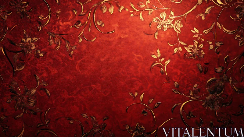 Red damask surface with embossed metallic floral filigree