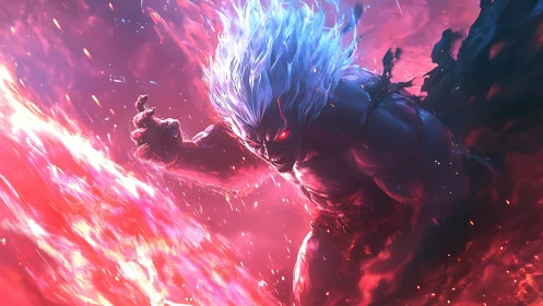 Mythic warrior channels dual elemental inferno energy.