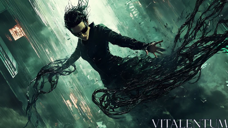 Cybernetic warrior bends reality in storm of digital tendrils.