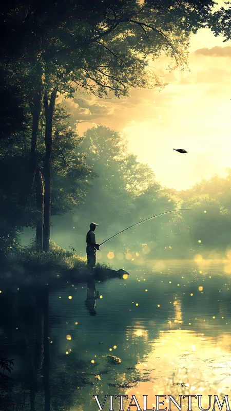 Backlit angler on misty forest river with reflective golden bokeh