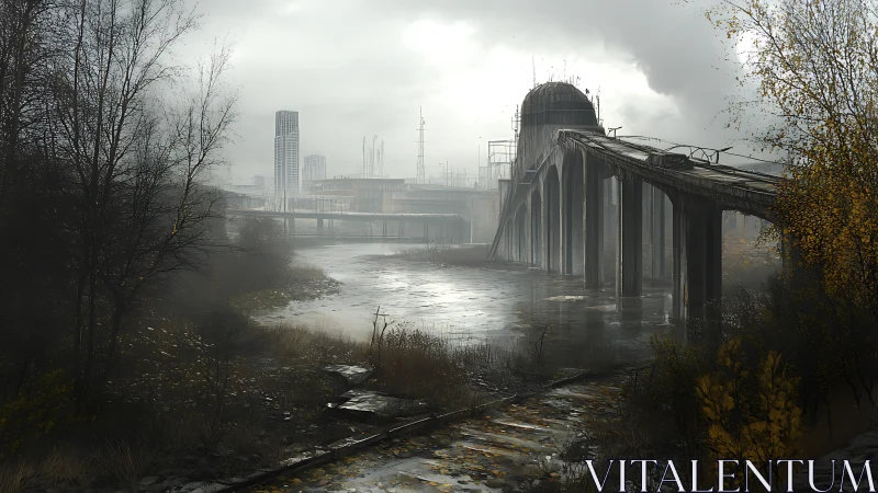 Quiet river beneath a forgotten futuristic viaduct at dusk.